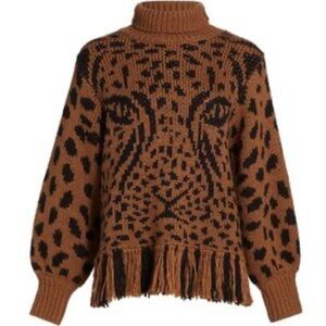 Farm Rio Midnight leopard print sweater pullover fringe caramel black size m